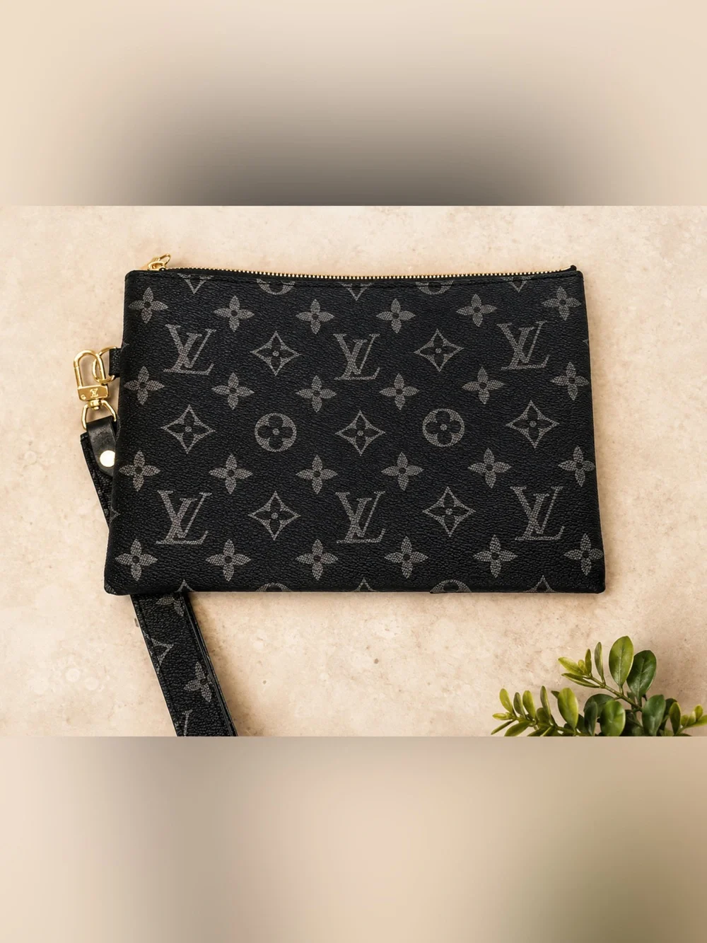 Unlisted Black Monogram Canvas Wristlet Clutch with Gold Hardware
